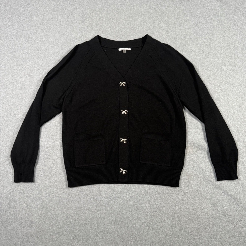 Vila Milano Coquette Womens Black Preppy Cardigan Silver Bow Buttons Small